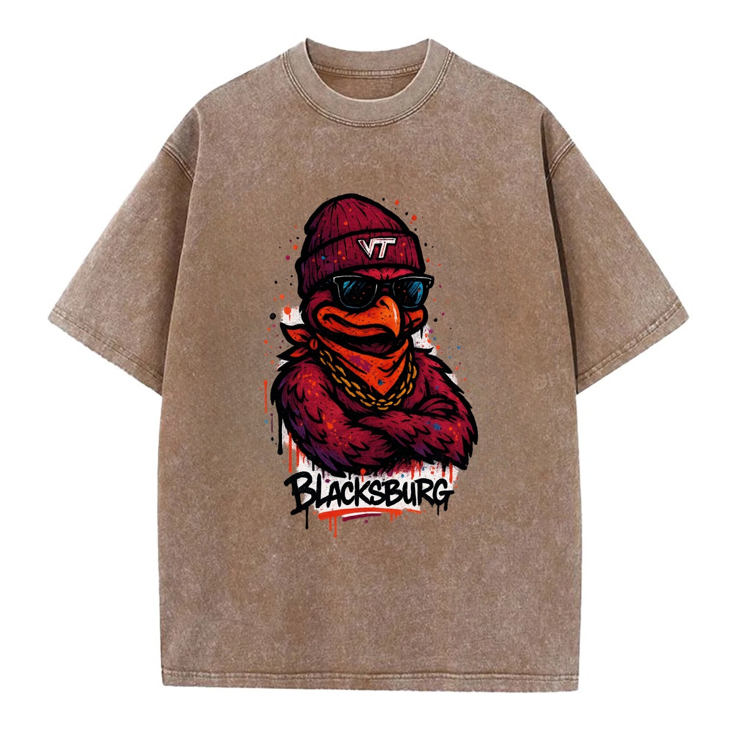 Blacksburg HokieBird wearing Virginia Tech beanie with VT patch - Vintage T-shirt - Brown