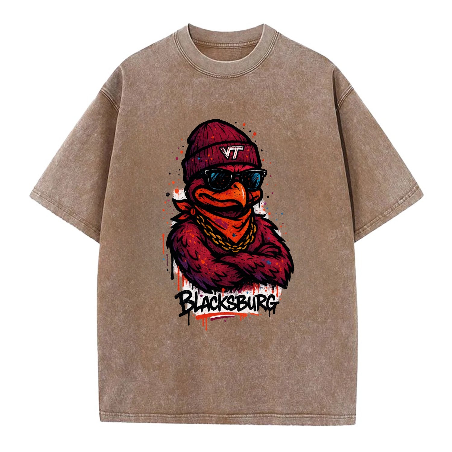 Blacksburg HokieBird wearing Virginia Tech beanie with VT patch - Vintage T-shirt - Brown