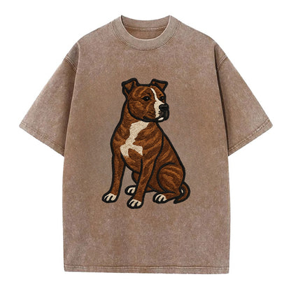 American Staffordshire Terrier - Brindle embroidered pose - Vintage T-shirt - Brown