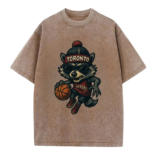 Toronto Raccoon wearing Raptors beanie with CN Tower patch and wayfarer sunglasses - Vintage T-shirt
