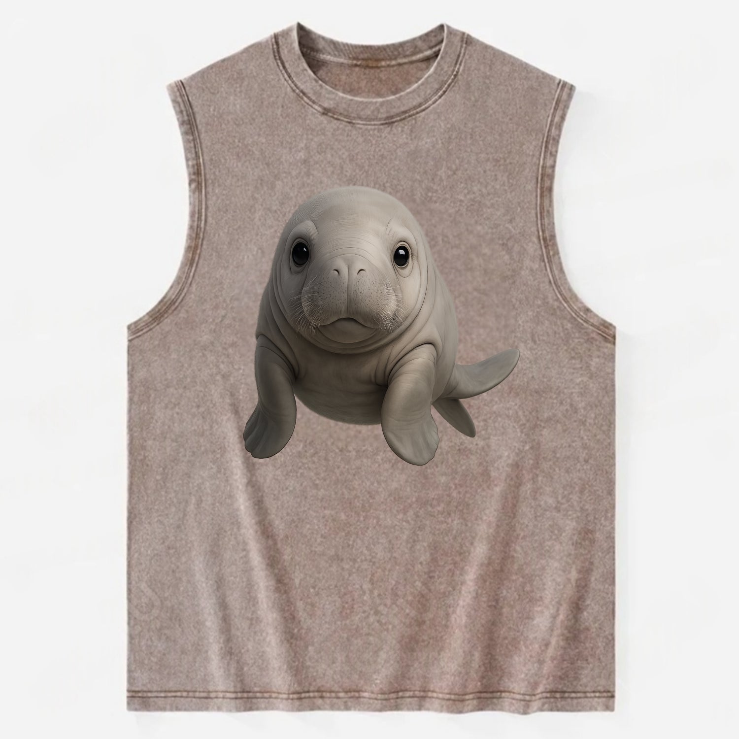 Baby Dugong - gray with paddle tail, gentle expression, whiskers, - Vintage Washed Tank - Brown
