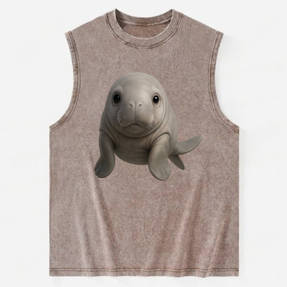 Baby Dugong - gray with paddle tail, gentle expression, whiskers, - Vintage Washed Tank - Brown
