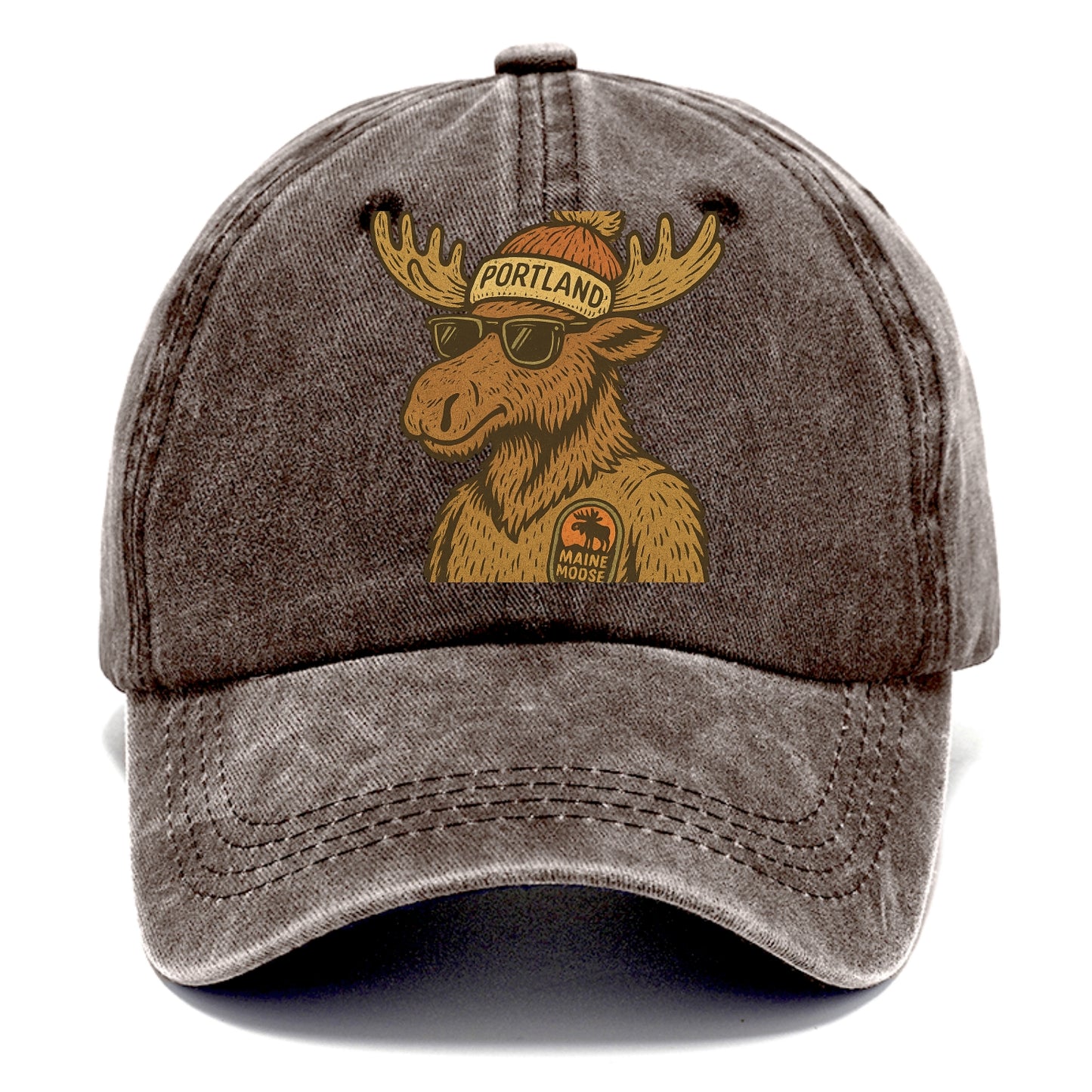 Maine Moose wearing Portland beanie with pom pom and wayfarer sunglasses - Classic Cap - Brown