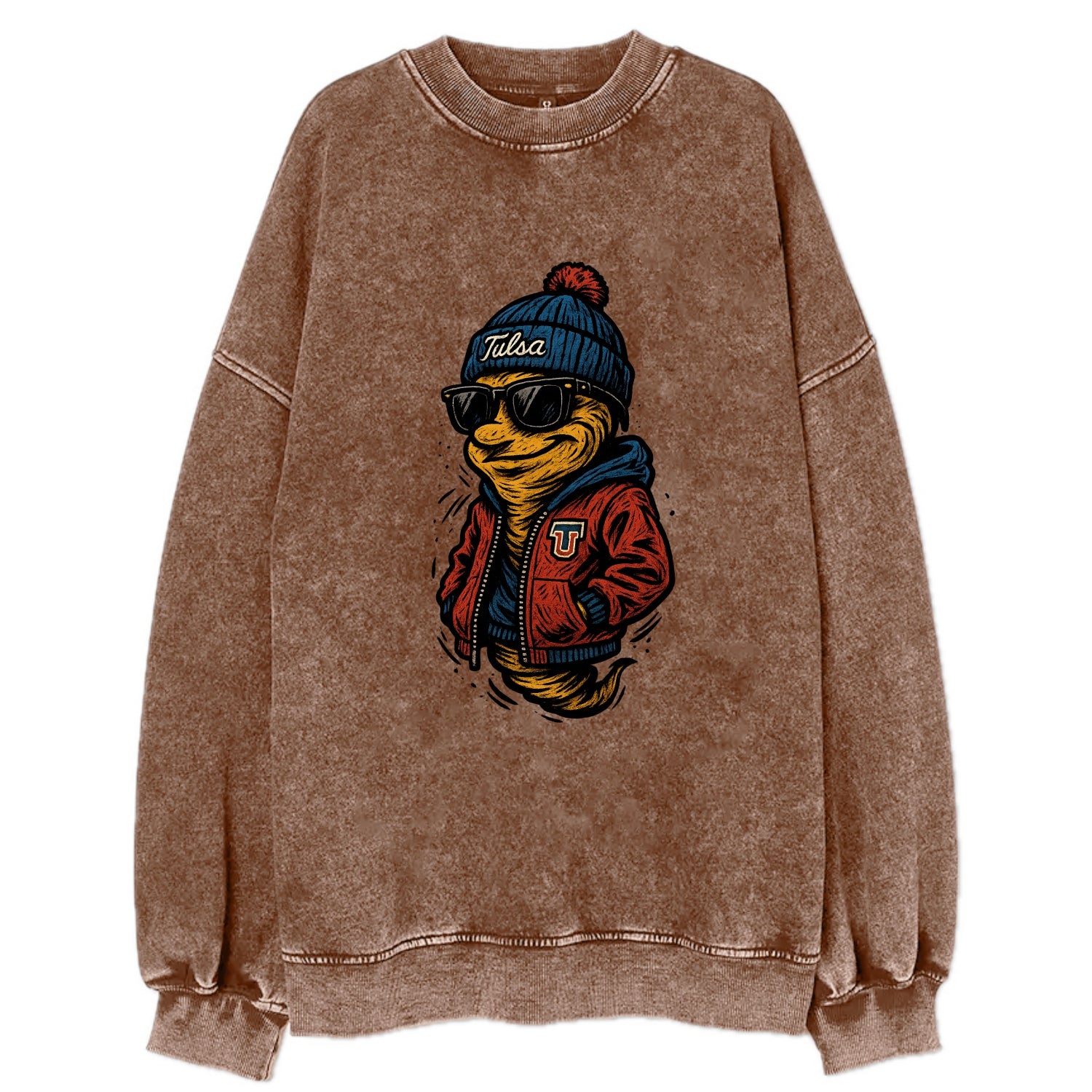 Tulsa Hurricane wearing Tulsa beanie with TU patch - Vintage Sweatshirt - Brown