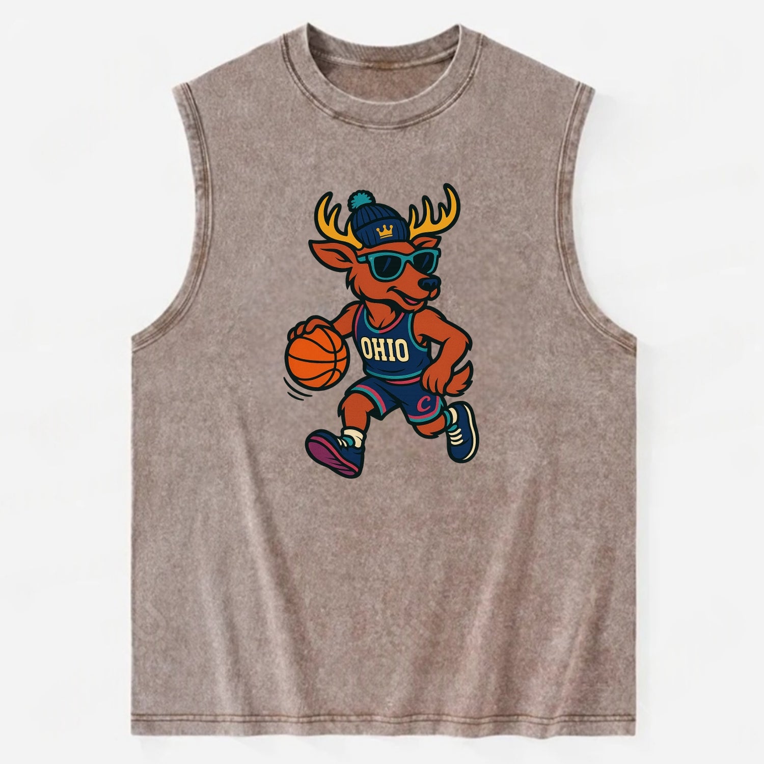 Ohio Deer wearing Cavs beanie with crown patch and wayfarer sunglasses - Vintage Washed Tank - Brown