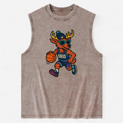 Ohio Deer wearing Cavs beanie with crown patch and wayfarer sunglasses - Vintage Washed Tank - Brown