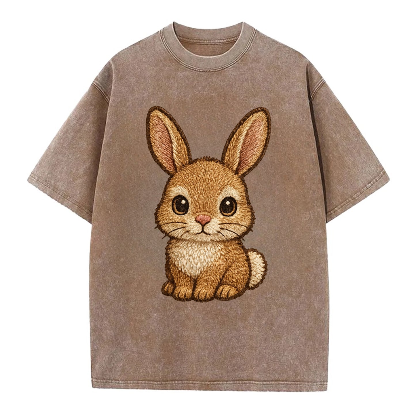 Baby Rabbit - long ears, fluffy white tail, pink nose, large brown eyes, - Vintage T-shirt - Brown