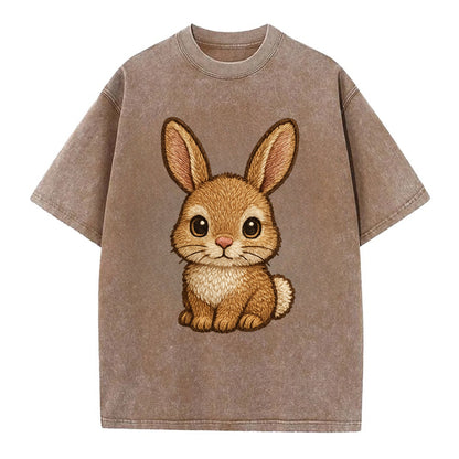 Baby Rabbit - long ears, fluffy white tail, pink nose, large brown eyes, - Vintage T-shirt - Brown