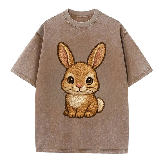 Baby Rabbit - long ears, fluffy white tail, pink nose, large brown eyes, - Vintage T-shirt - Brown