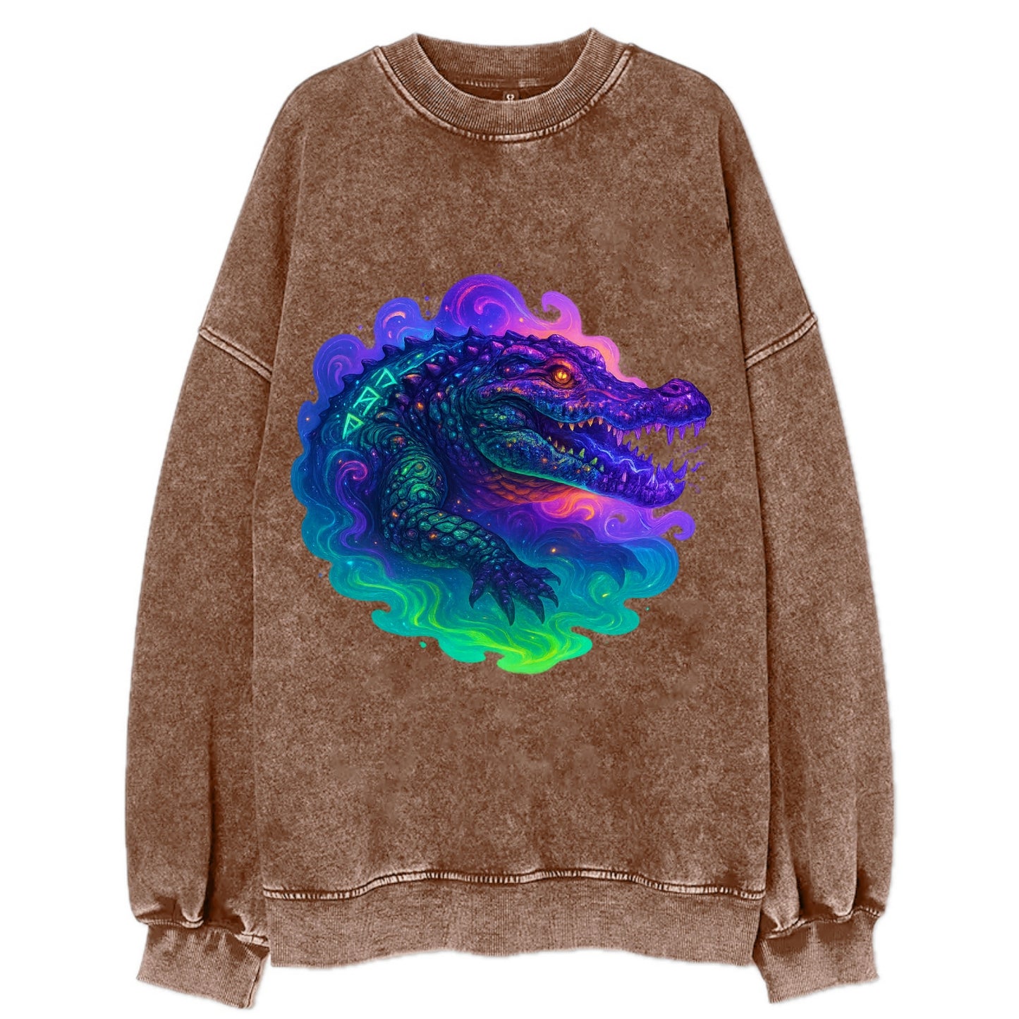 Primordial crocodile with scales pulsing plasma energy in green and purple, - Vintage Sweatshirt - Brown