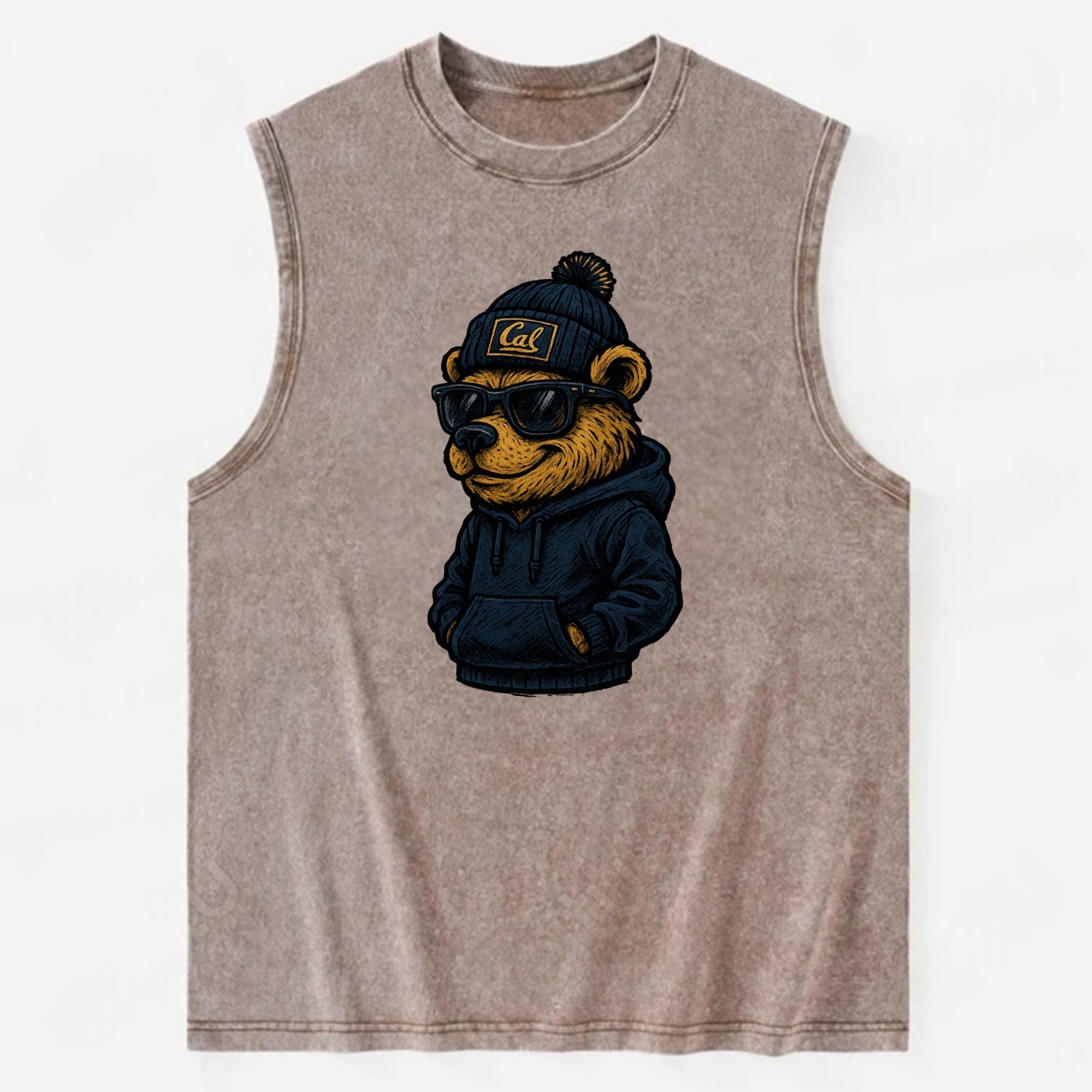Berkeley Bear wearing Cal beanie with script patch - Vintage Washed Tank - Brown