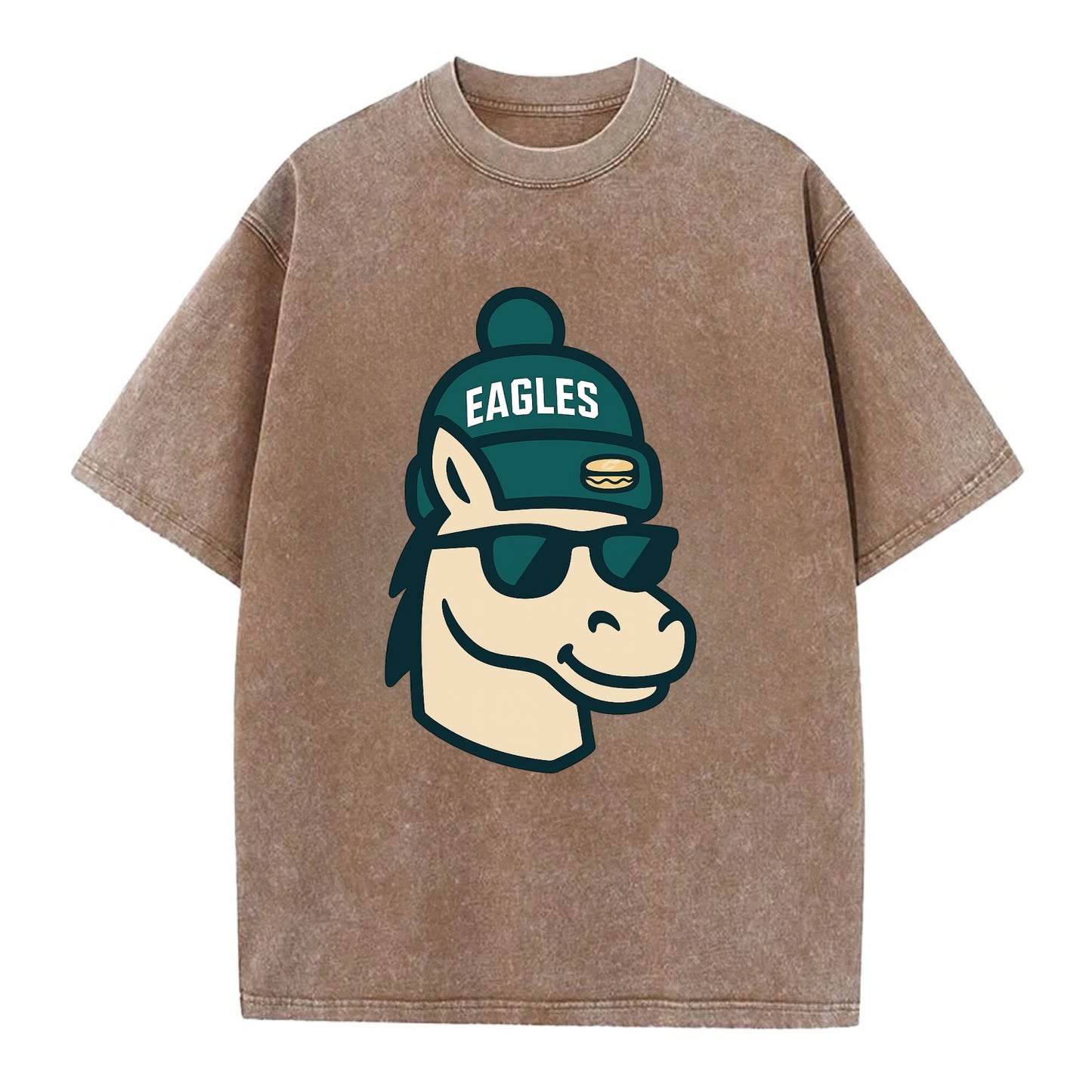 Philadelphia Horse wearing Eagles beanie with cheesesteak patch and wayfarer - Vintage T-shirt - Brown