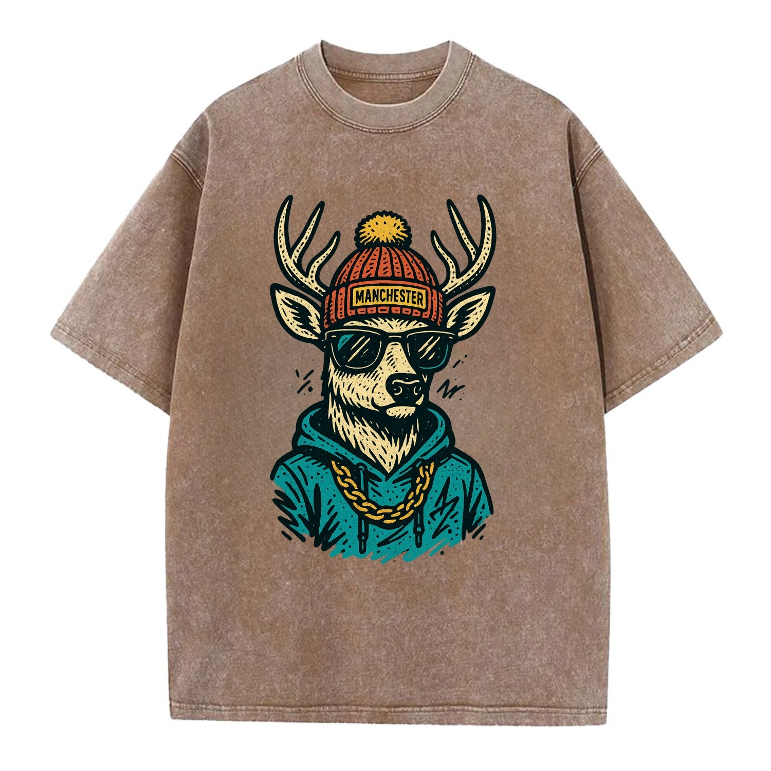 New Hampshire White-tailed Deer wearing Manchester beanie with pom pom and - Vintage T-shirt - Brown