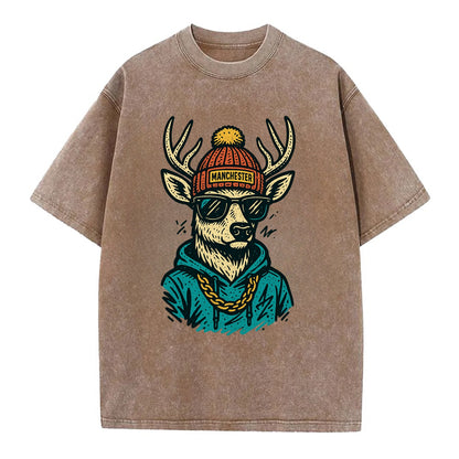New Hampshire White-tailed Deer wearing Manchester beanie with pom pom and - Vintage T-shirt - Brown