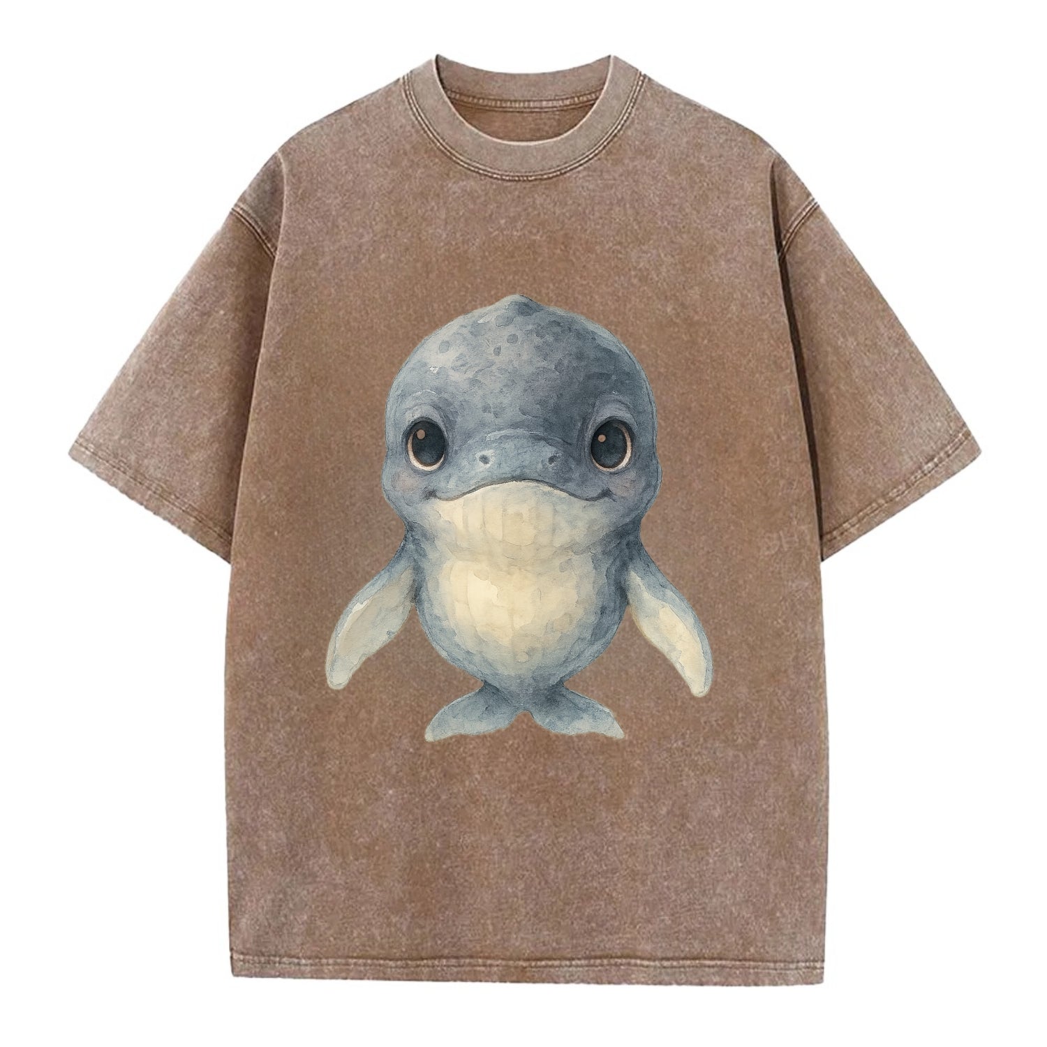 Baby Humpback Whale - dark gray with white flippers, large gentle eyes, - Vintage T-shirt - Brown