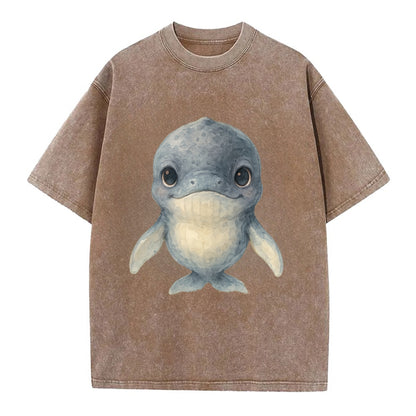 Baby Humpback Whale - dark gray with white flippers, large gentle eyes, - Vintage T-shirt - Brown