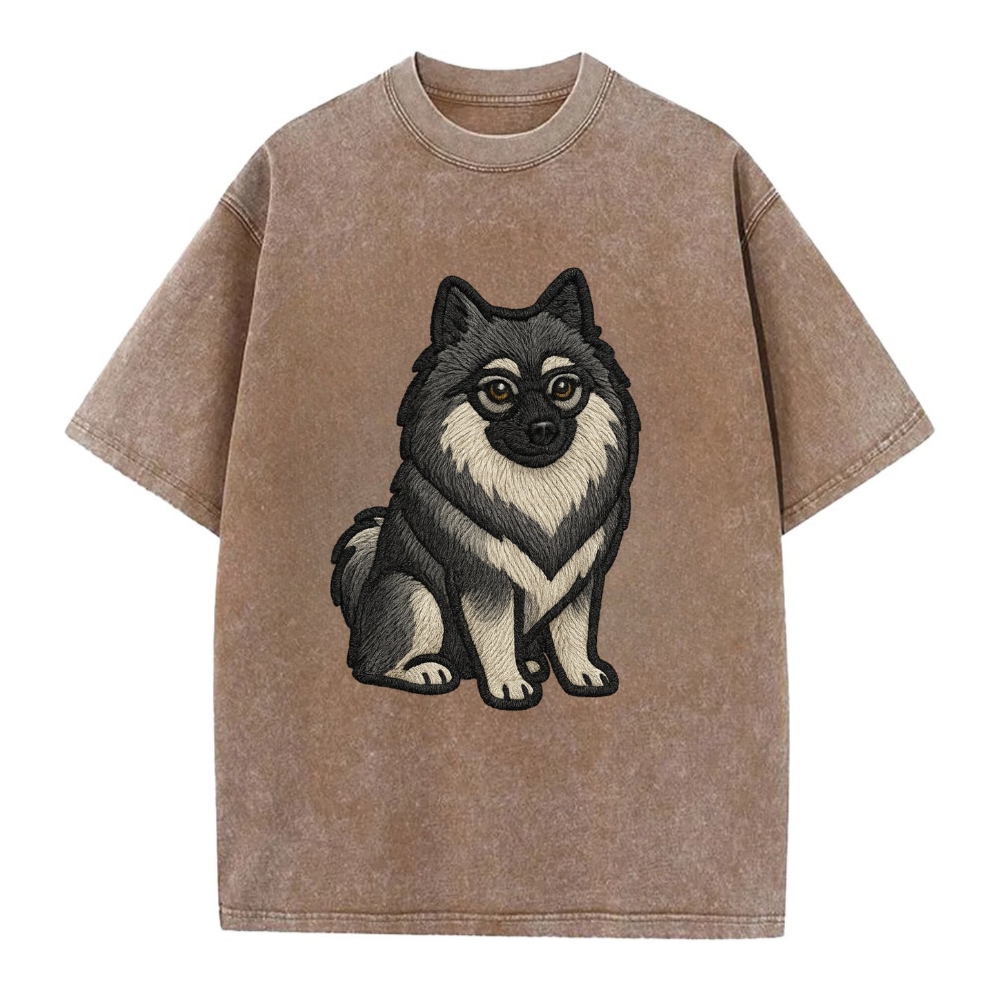 Keeshond - Gray and black spectacles embroidered design - Vintage T-shirt - Brown