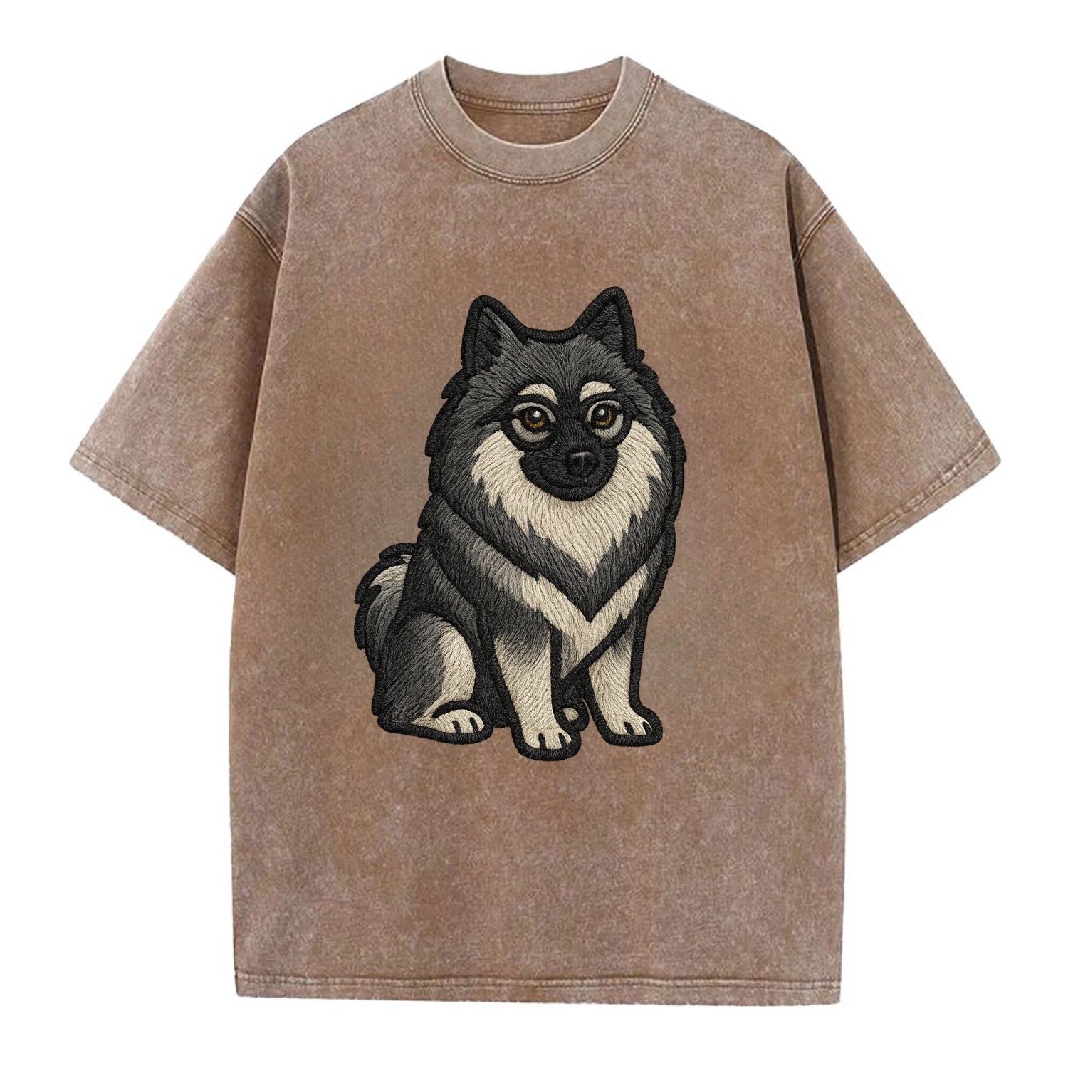 Keeshond - Gray and black spectacles embroidered design - Vintage T-shirt - Brown