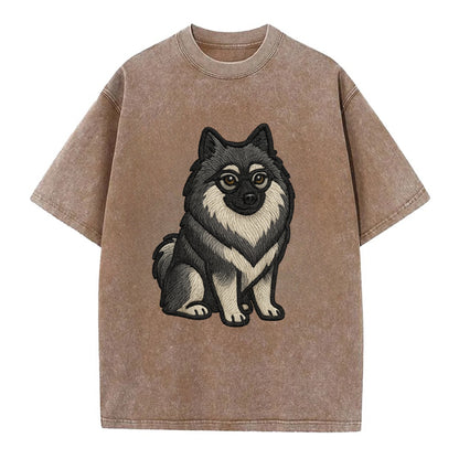 Keeshond - Gray and black spectacles embroidered design - Vintage T-shirt - Brown
