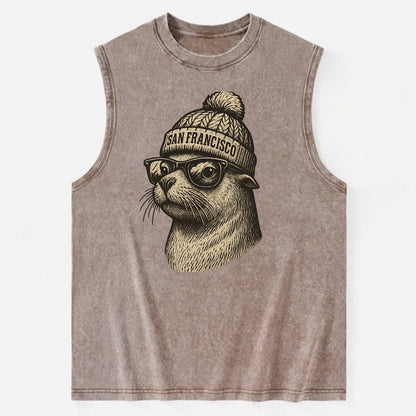 San Francisco Sea Lion wearing San Francisco beanie with pom pom and wayfarer - Vintage Washed Tank - Brown