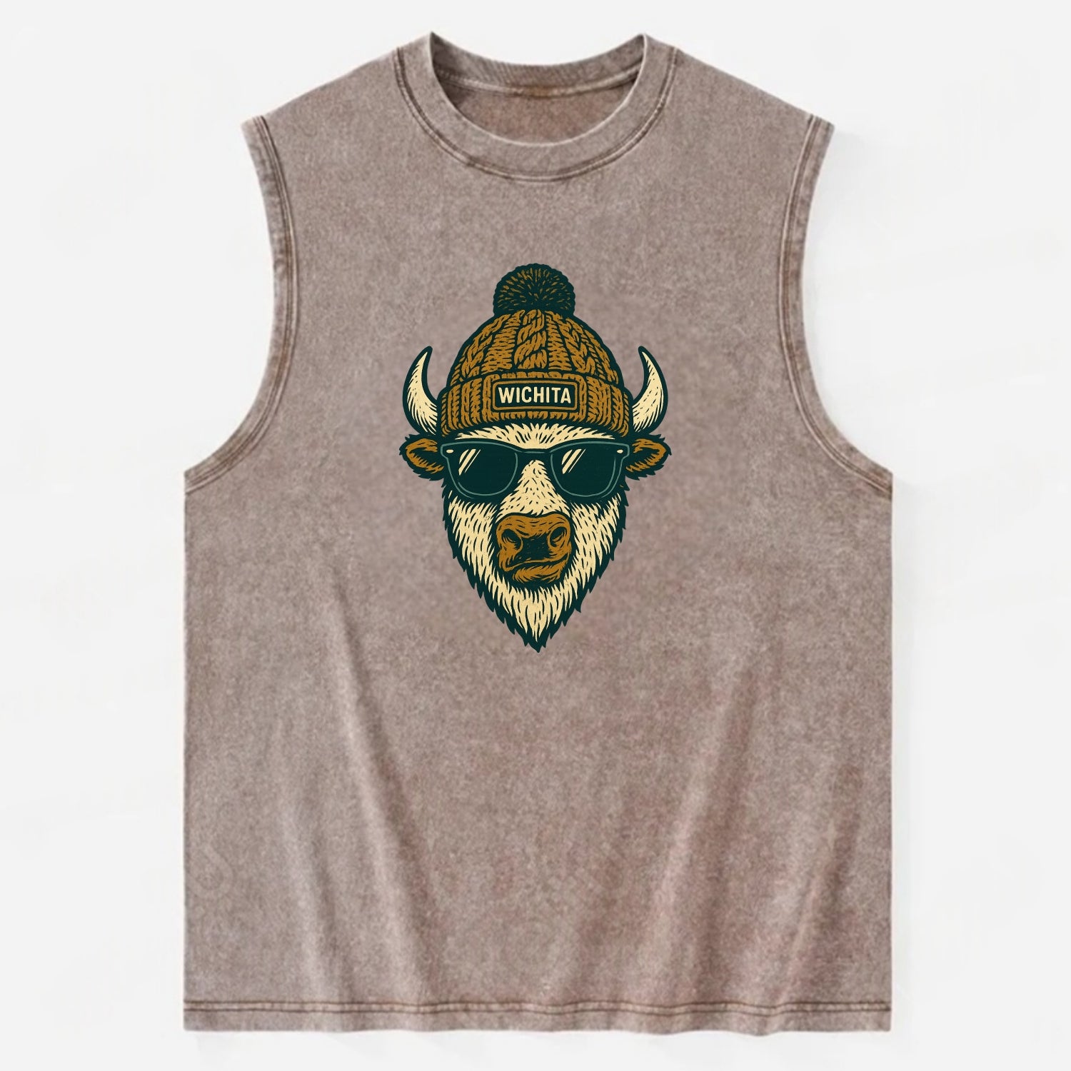 Kansas American Bison wearing Wichita beanie with pom pom and wayfarer - Vintage Washed Tank - Brown