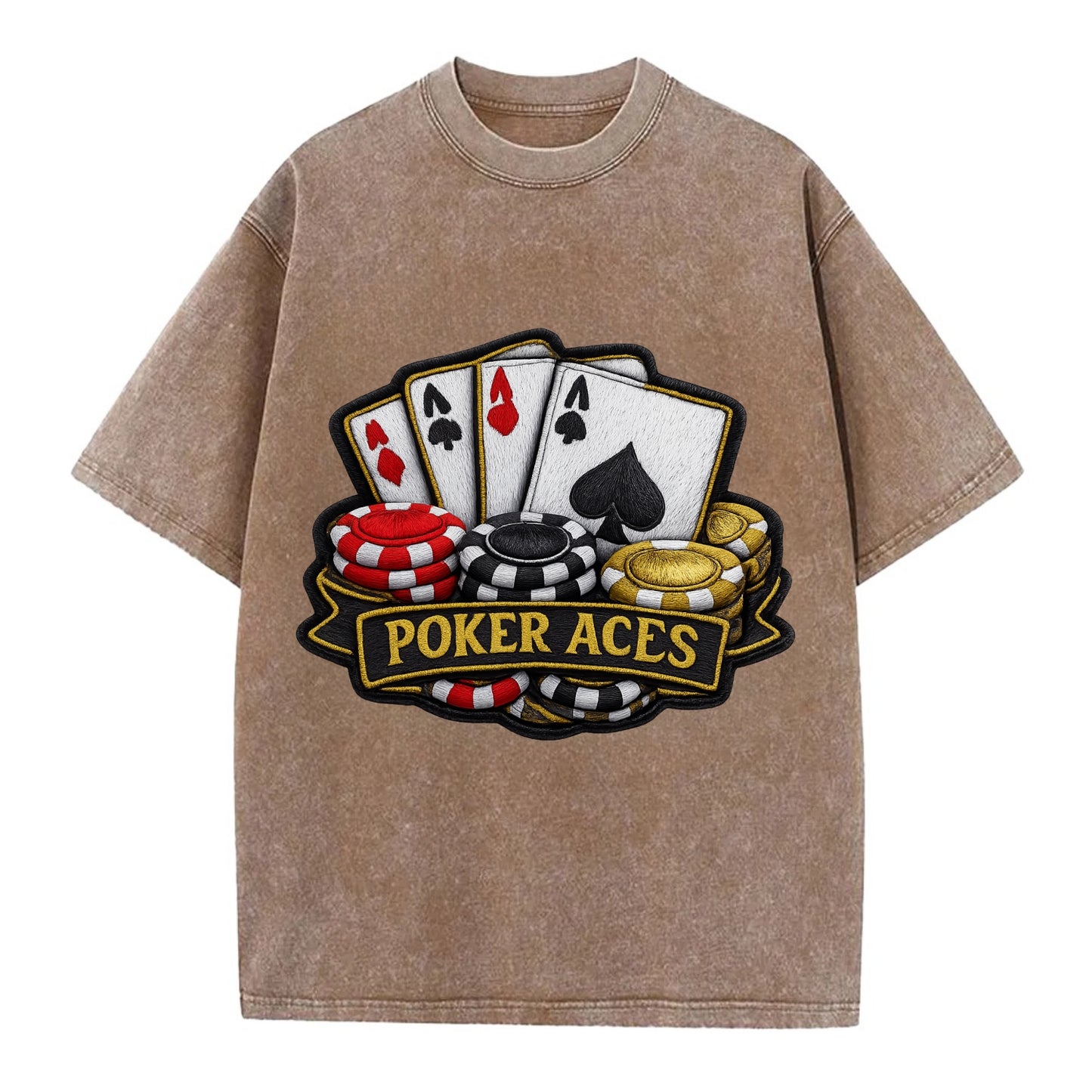 Embroidered patch design - POKER ACES - four aces with chips in red, black and - Vintage T-shirt - Brown