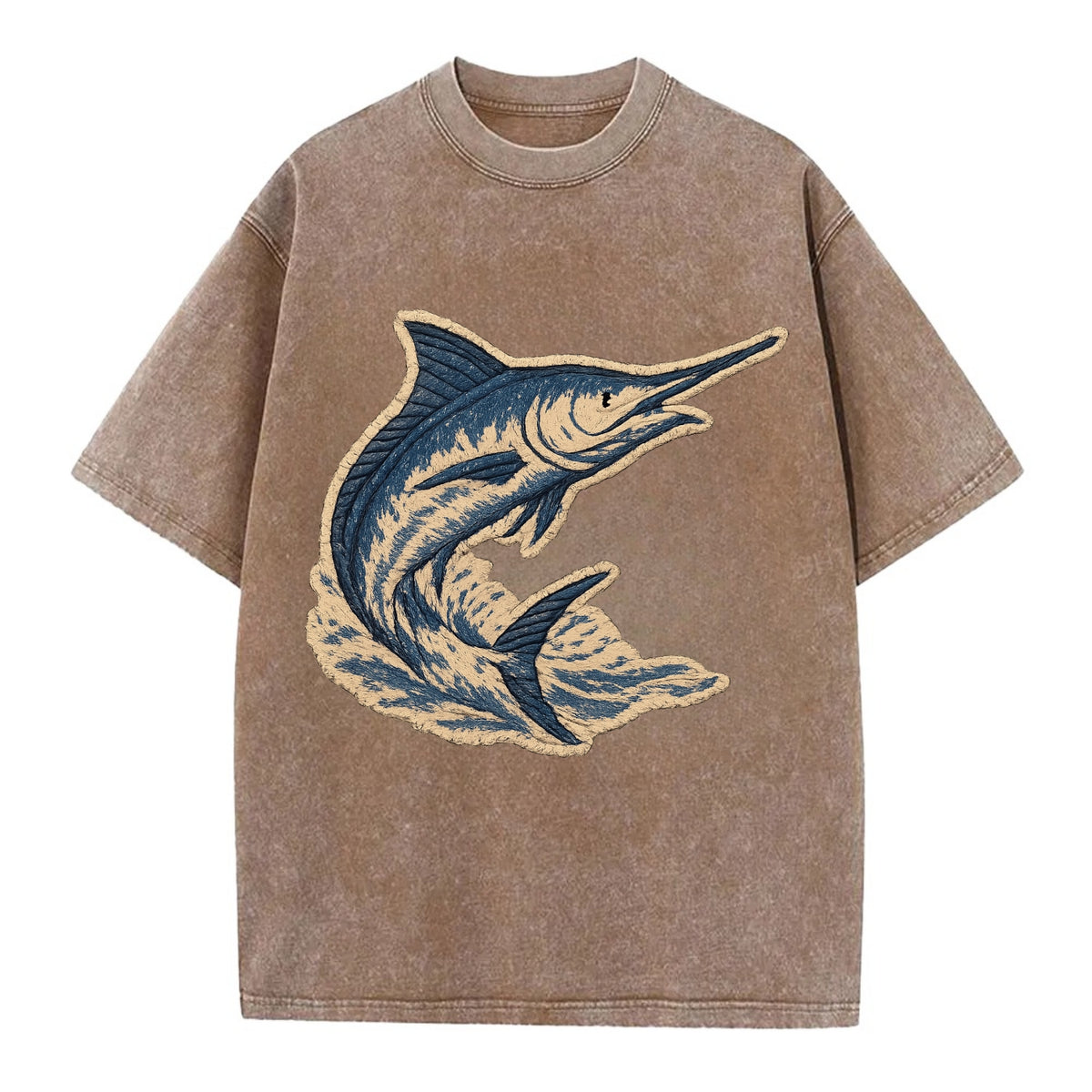 SWORDFISH MARLIN - leaping marlin in blue and silver , sport fishing - Vintage T-shirt - Brown