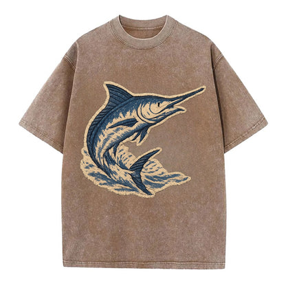 SWORDFISH MARLIN - leaping marlin in blue and silver , sport fishing - Vintage T-shirt - Brown