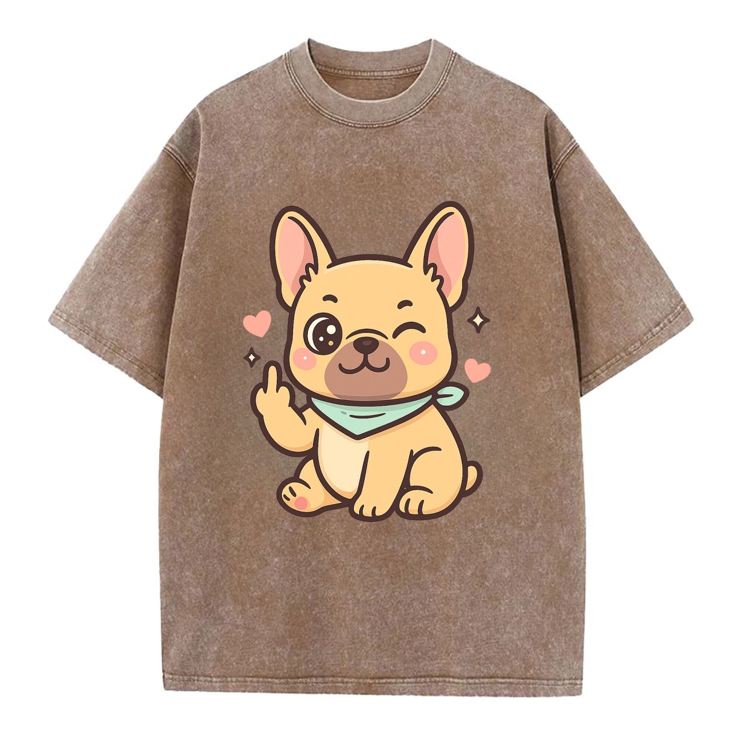 French Bulldog sitting with bat ears up, strong paw with sass - Vintage T-shirt - Brown