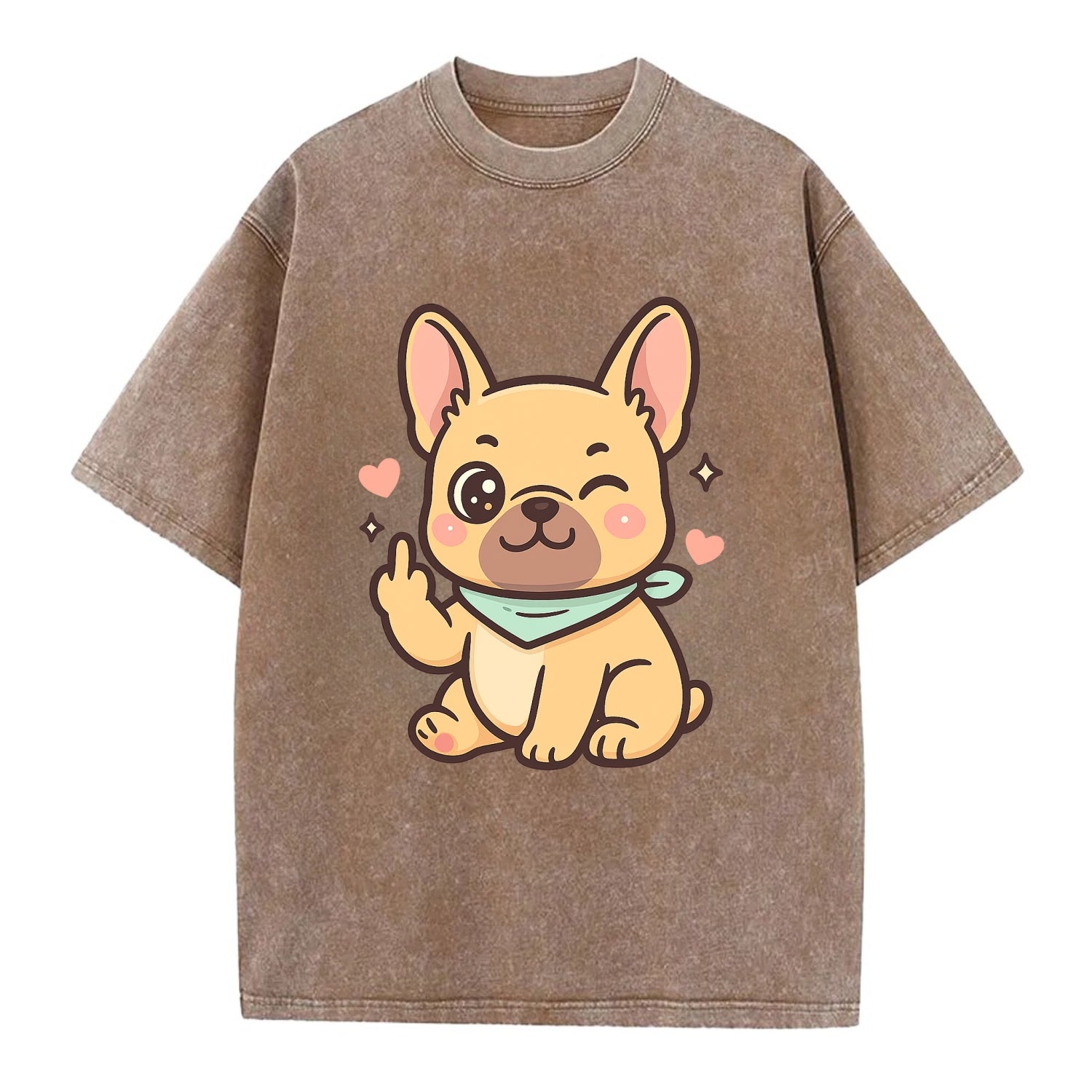 French Bulldog sitting with bat ears up, strong paw with sass - Vintage T-shirt - Brown