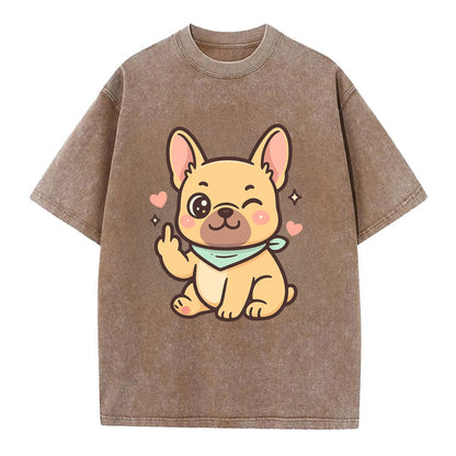 French Bulldog sitting with bat ears up, strong paw with sass - Vintage T-shirt - Brown