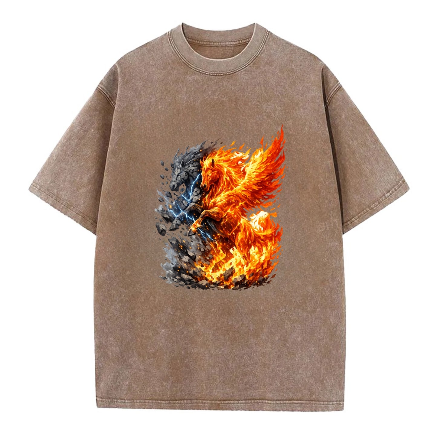 THUNDER FIRE | Horse combining lightning and flame | Electric fire | Storm energy - Vintage T-shirt - Brown