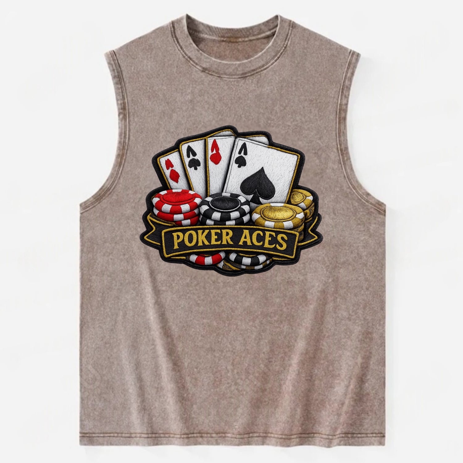 Embroidered patch design - POKER ACES - four aces with chips in red, black - Vintage Washed Tank - Brown