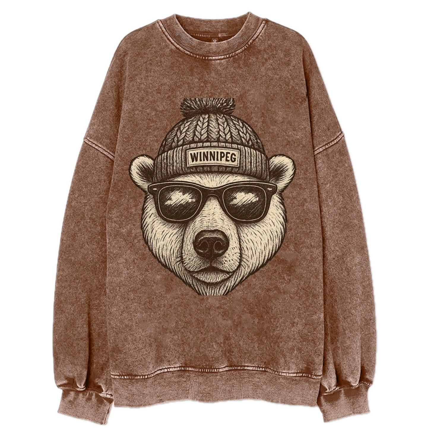 Winnipeg Polar Bear wearing Winnipeg beanie with pom pom and wayfarer - Vintage Sweatshirt - Brown