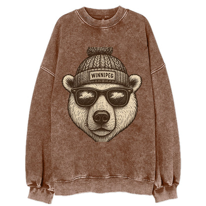 Winnipeg Polar Bear wearing Winnipeg beanie with pom pom and wayfarer - Vintage Sweatshirt - Brown