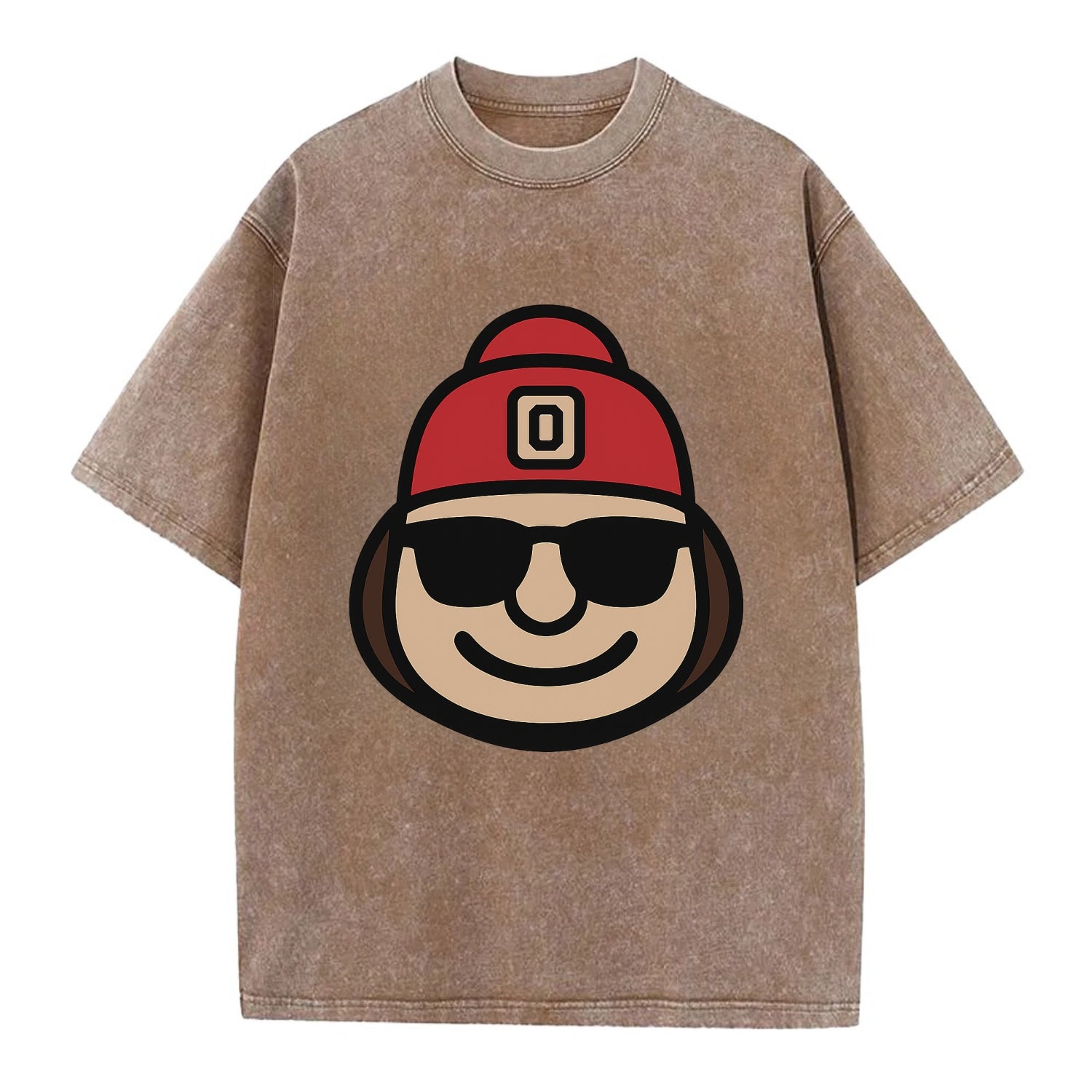 Columbus Brutus wearing Ohio State beanie with Block O patch - Vintage T-shirt - Brown