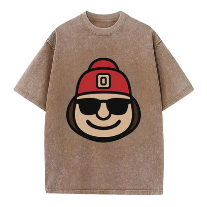 Columbus Brutus wearing Ohio State beanie with Block O patch - Vintage T-shirt - Brown