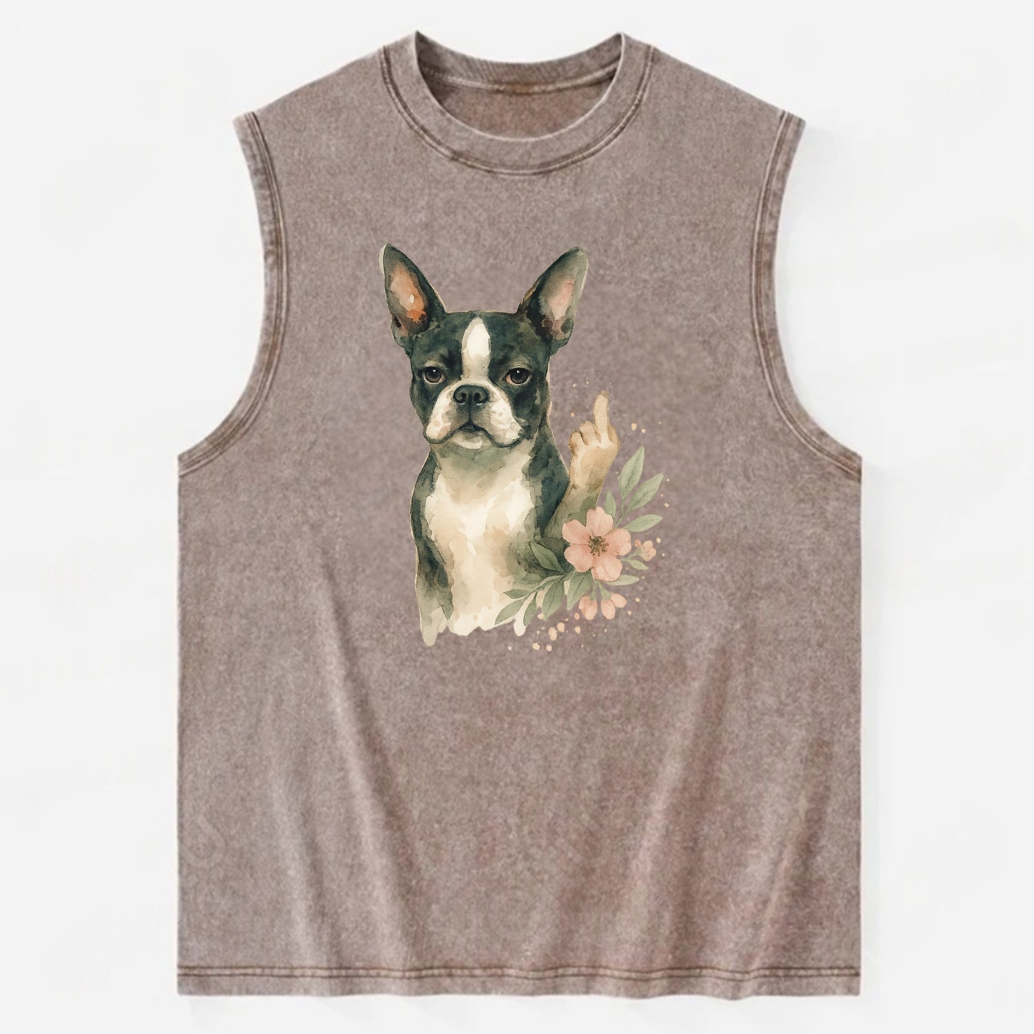 Boston Terrier with tuxedo markings, perky ears, paw up giving sass - Vintage Washed Tank - Brown
