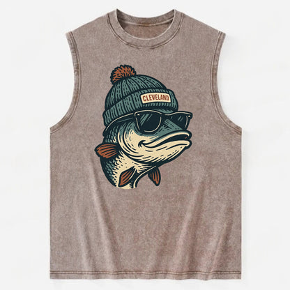 Cleveland Lake Erie Walleye wearing Cleveland beanie with pom pom and - Vintage Washed Tank - Brown
