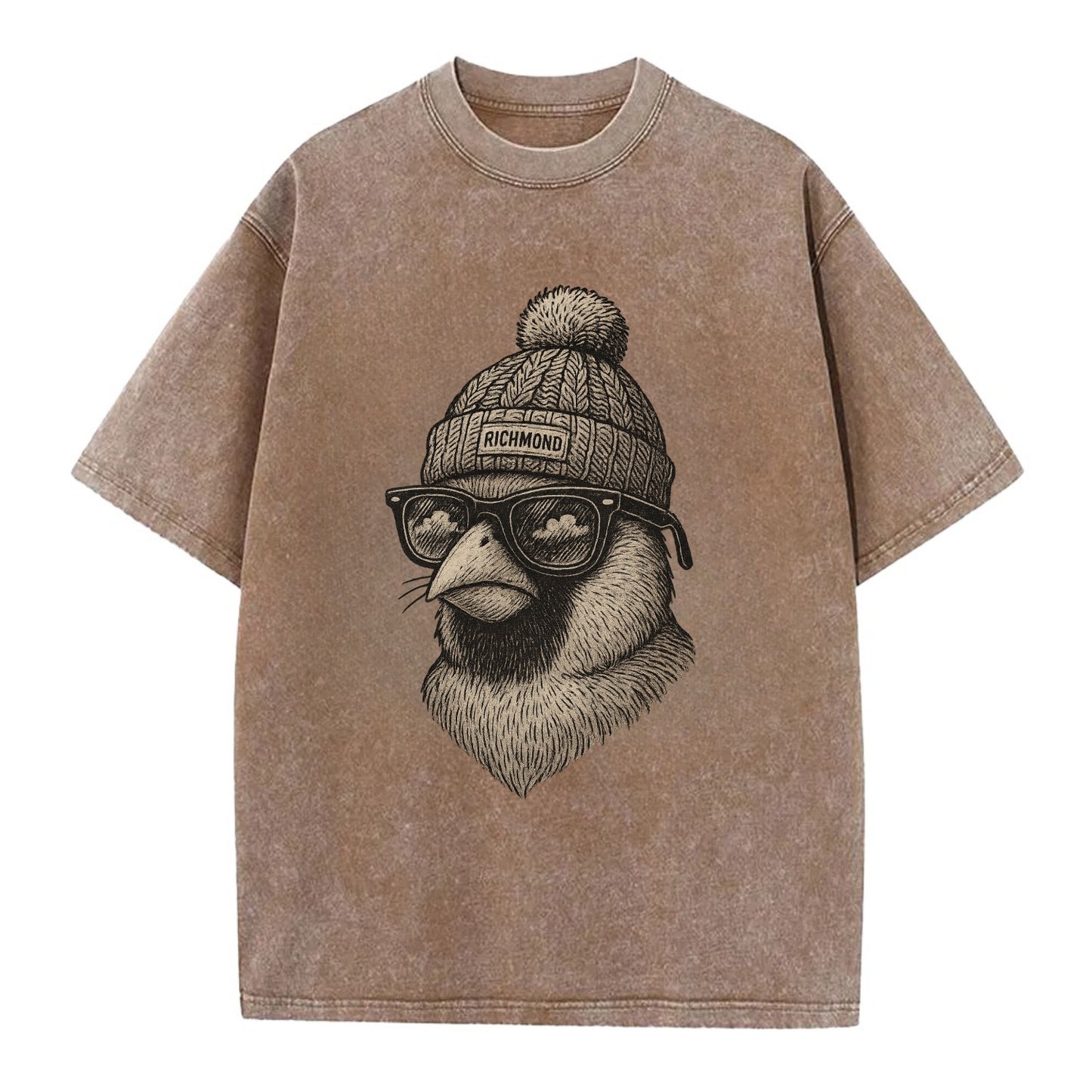 Virginia Cardinal wearing Richmond beanie with pom pom and wayfarer sunglasses - Vintage T-shirt - Brown