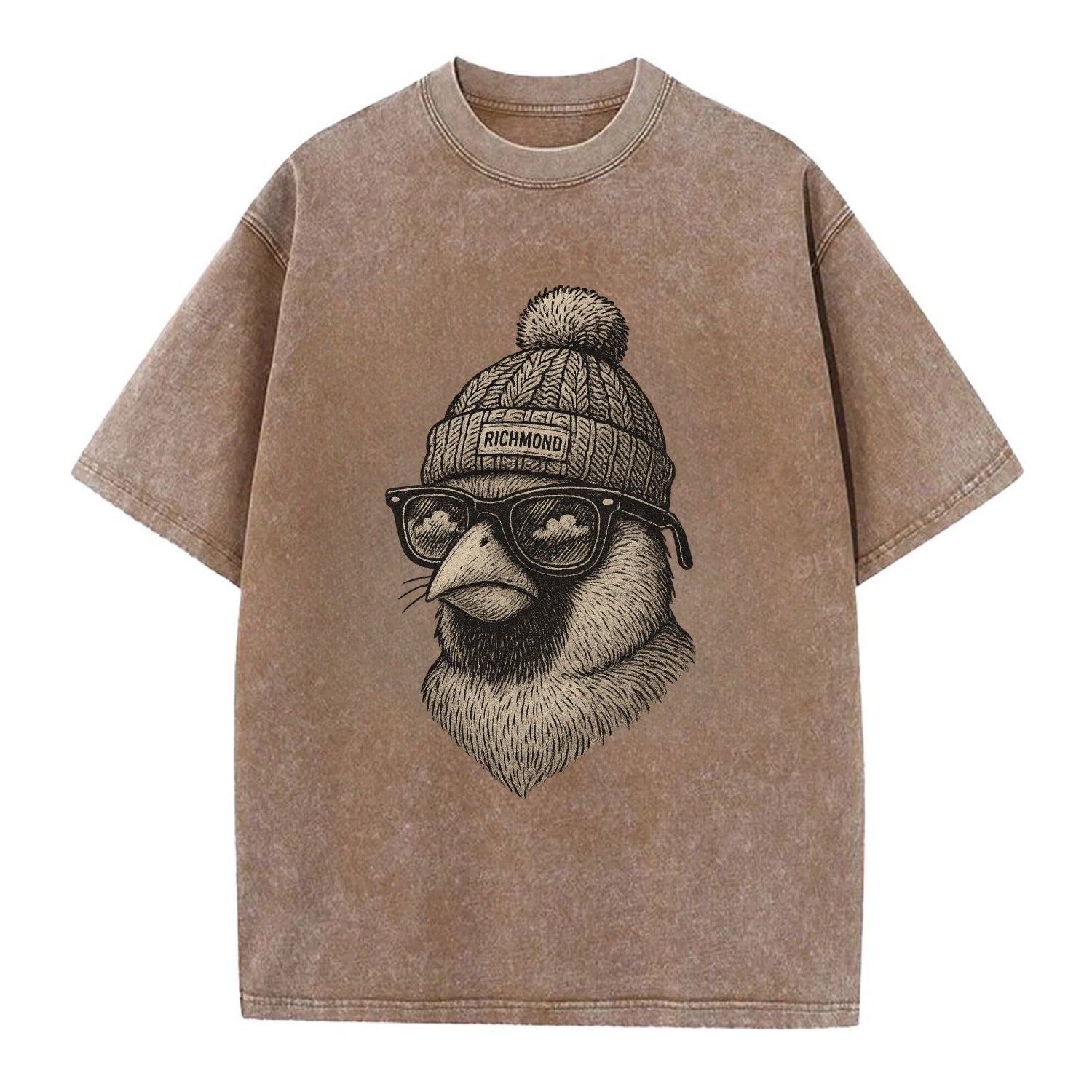 Virginia Cardinal wearing Richmond beanie with pom pom and wayfarer sunglasses - Vintage T-shirt - Brown
