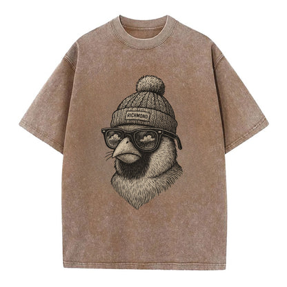 Virginia Cardinal wearing Richmond beanie with pom pom and wayfarer sunglasses - Vintage T-shirt - Brown