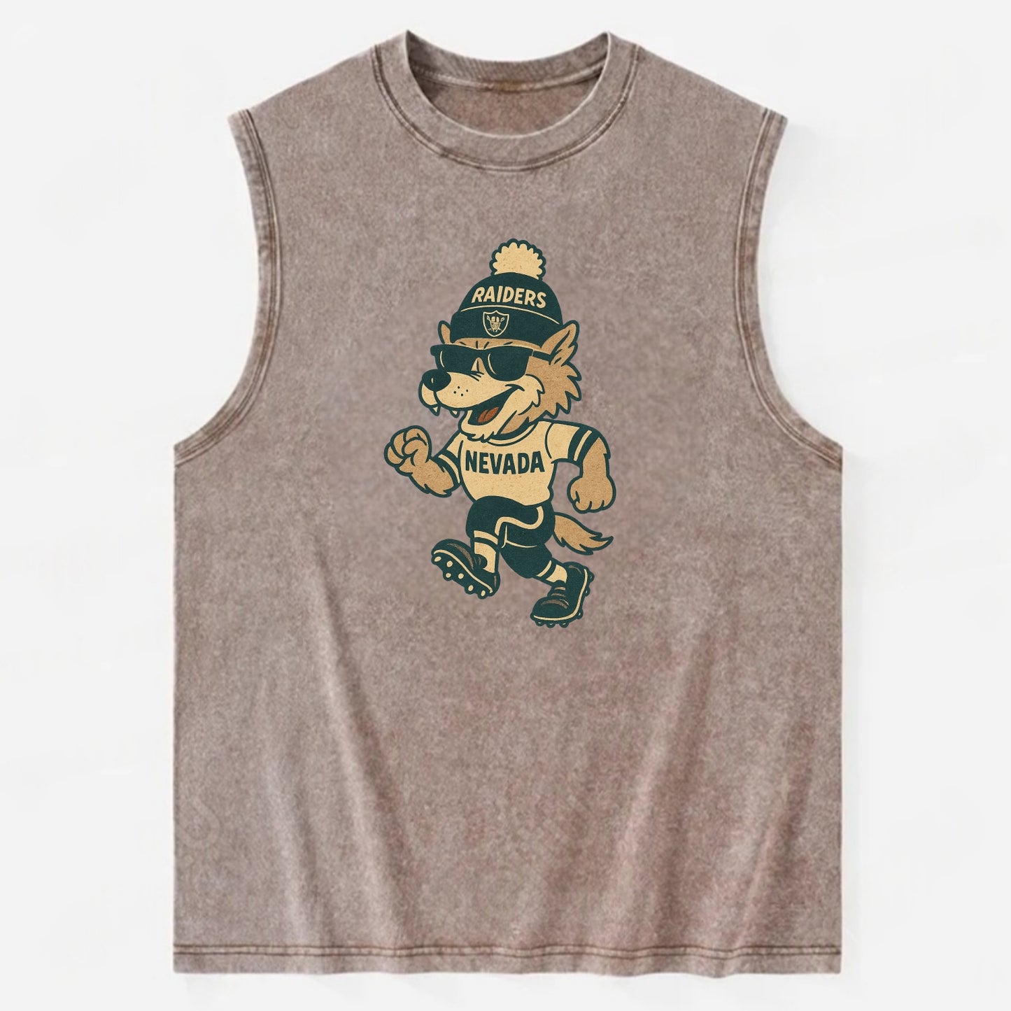 Nevada Wolf wearing Raiders beanie with outlaw patch and wayfarer sunglasses - Vintage Washed Tank - Brown