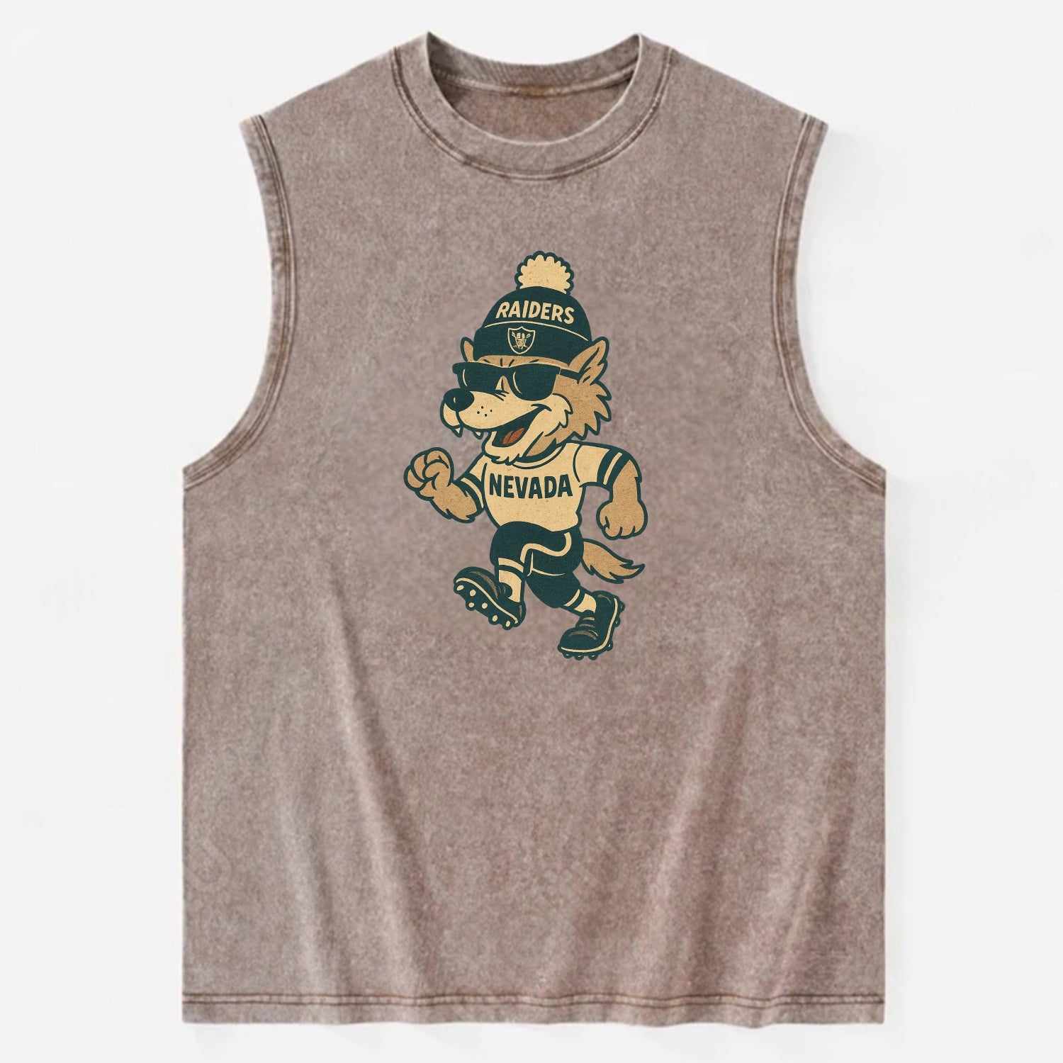 Nevada Wolf wearing Raiders beanie with outlaw patch and wayfarer sunglasses - Vintage Washed Tank - Brown