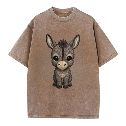 Baby Donkey Foal - gray fluffy, long ears, dark stripe, gentle eyes, - Vintage T-shirt - Brown