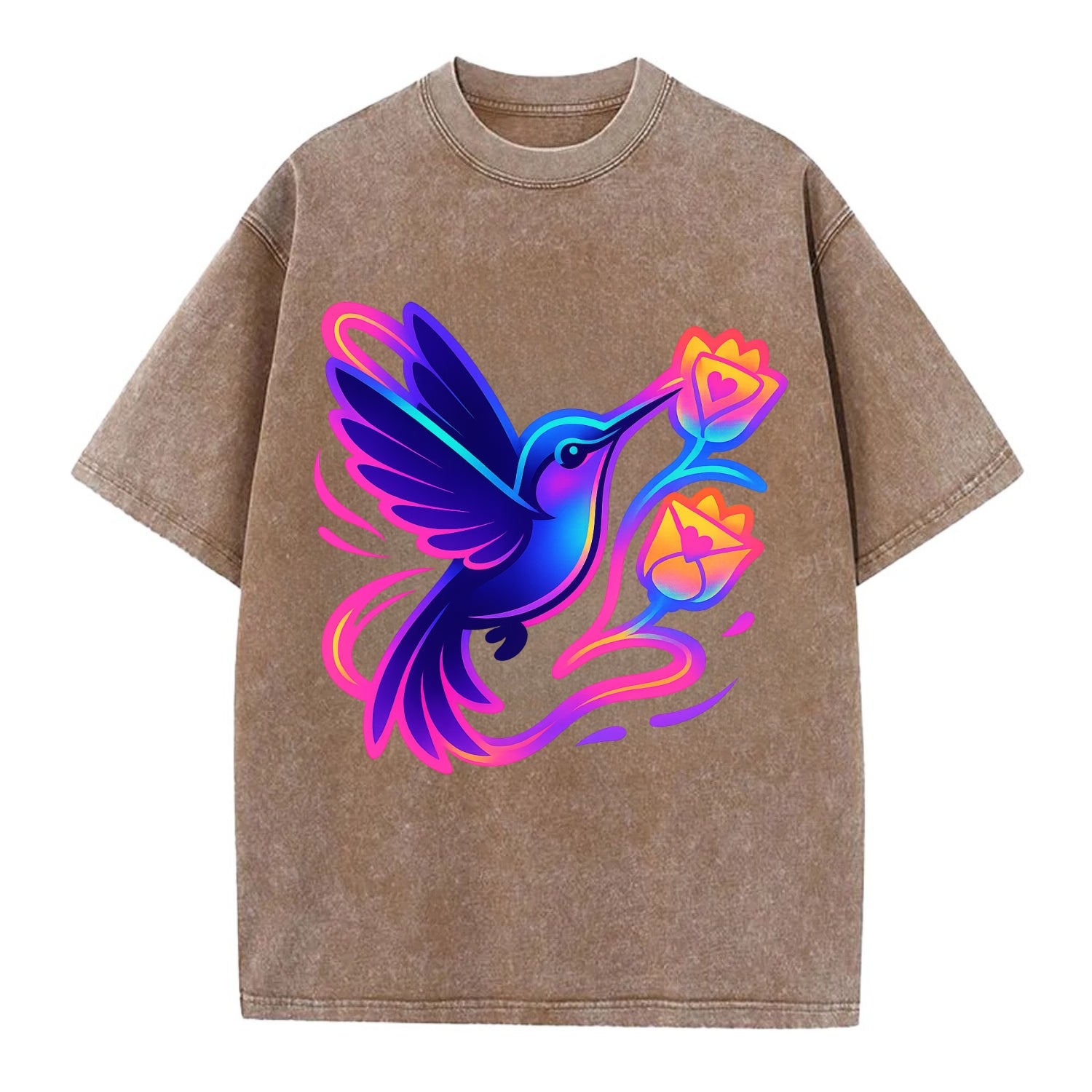 Hummingbird delivering miniature love letters tucked inside flower envelopes - Vintage T-shirt - Brown