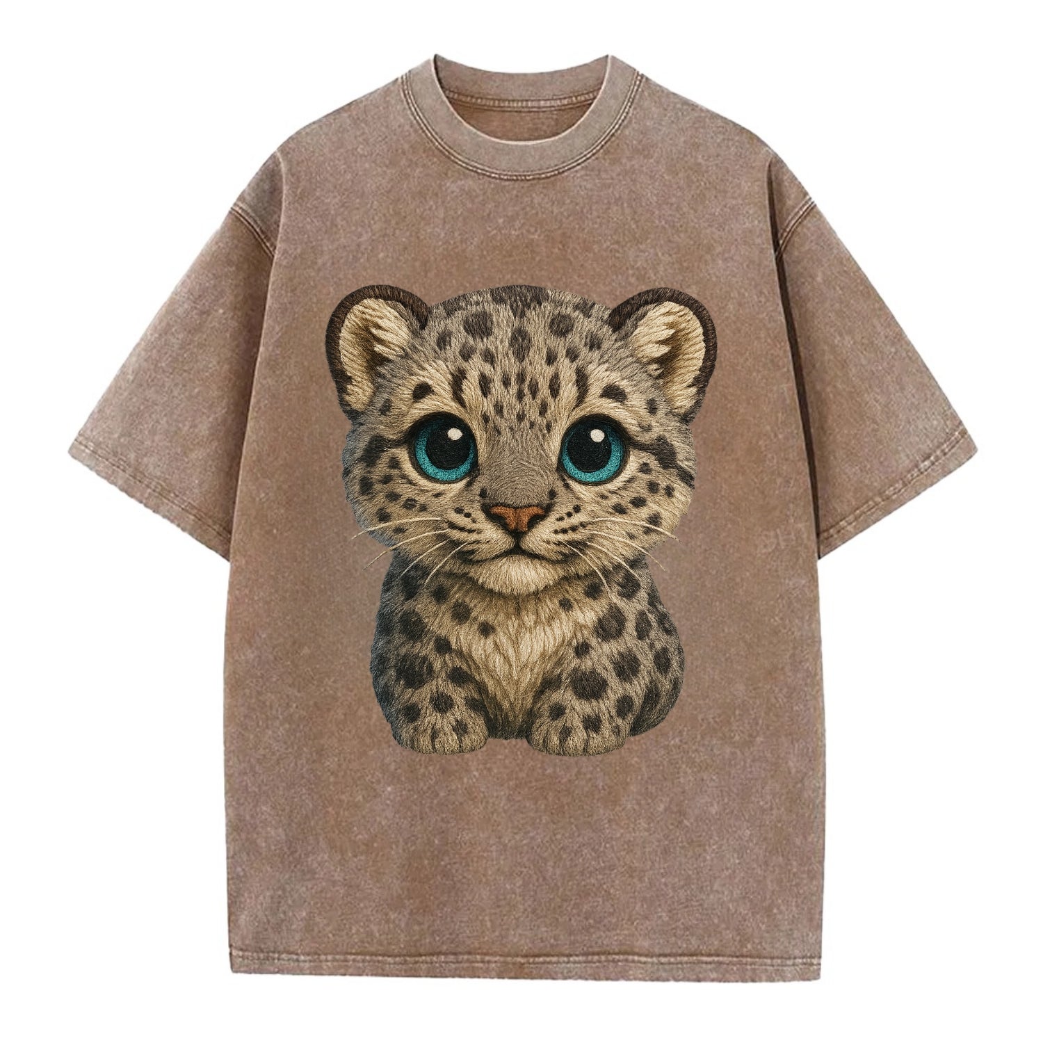 Baby Snow Leopard Cub - gray spotted, thick fur, blue-green eyes, front-facing, - Vintage T-shirt - Brown
