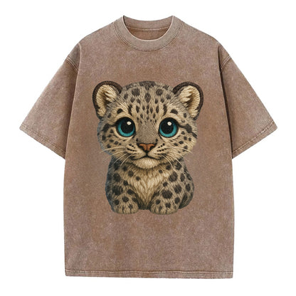 Baby Snow Leopard Cub - gray spotted, thick fur, blue-green eyes, front-facing, - Vintage T-shirt - Brown