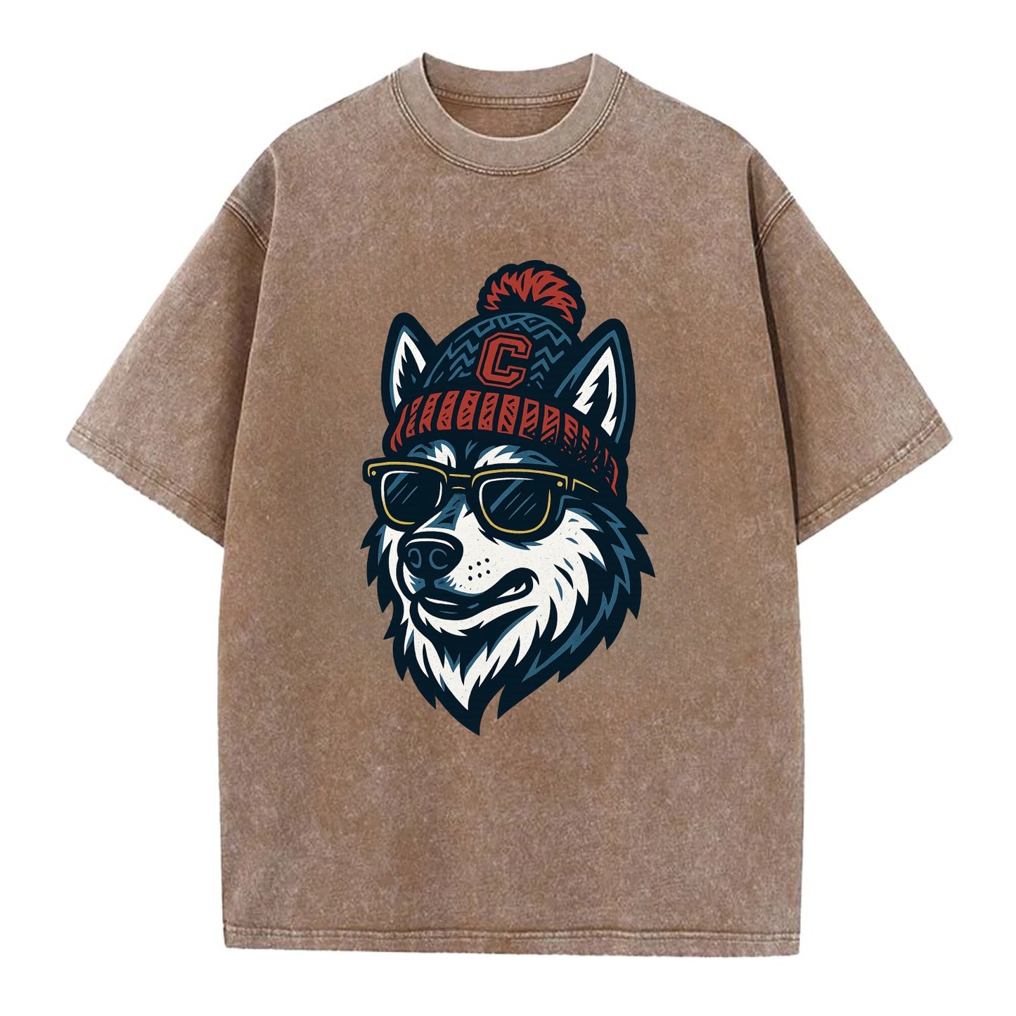 Storrs Husky wearing UConn beanie with C patch - Vintage T-shirt - Brown