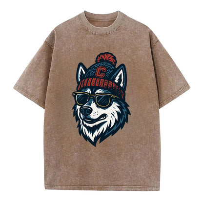 Storrs Husky wearing UConn beanie with C patch - Vintage T-shirt - Brown